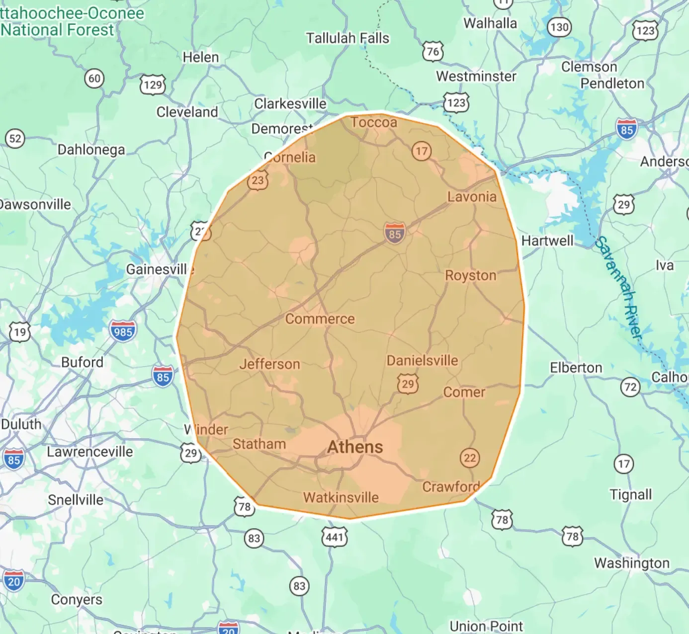 Map of the Guardian Septic Services coverage area centered on Jefferson, Georgia, reaching Commerce, Pendergrass, Braselton, Winder and Athens